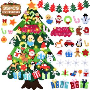DIY Felt Christmas Tree 35 Pcs Xmas Decorations with Banner Snowflake Snowman Reindeer Candy Crutch Wall Hanging Christmas Decoration Gift for Kids Christmas New Year Party Favors