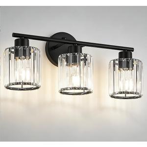 Crystal Bathroom Light Fixtures, Bathroom Lighting Fixtures Over Mirror, Modern Black 3-Light Vanity Lights for Mirror, Restroom, Bedroom (Ceramic E26 Socket,Bulbs Not Include)