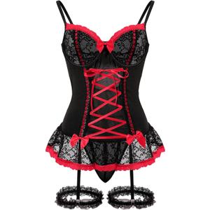 Sexy Mesh Corset Ruffle Lace Up Underwire Sheer Garter Belt Babydoll Lingerie Set With Thong 3 Piece Women (Large, Black Red)