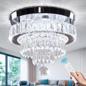 11.8" Dimmable Crystal Chandelier Crystal Ceiling Light Modern Chandeliers Flush Mount Ceiling Light Lamp Fixture for Dining Room Living Room Bedroom Hallway Remote Control