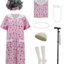 Old Lady Costume for Women, Grandma Costume Kit with Nightgown Old Lady Dress Granny Costume Halloween Outfits (Large-X-Large, Pink)
