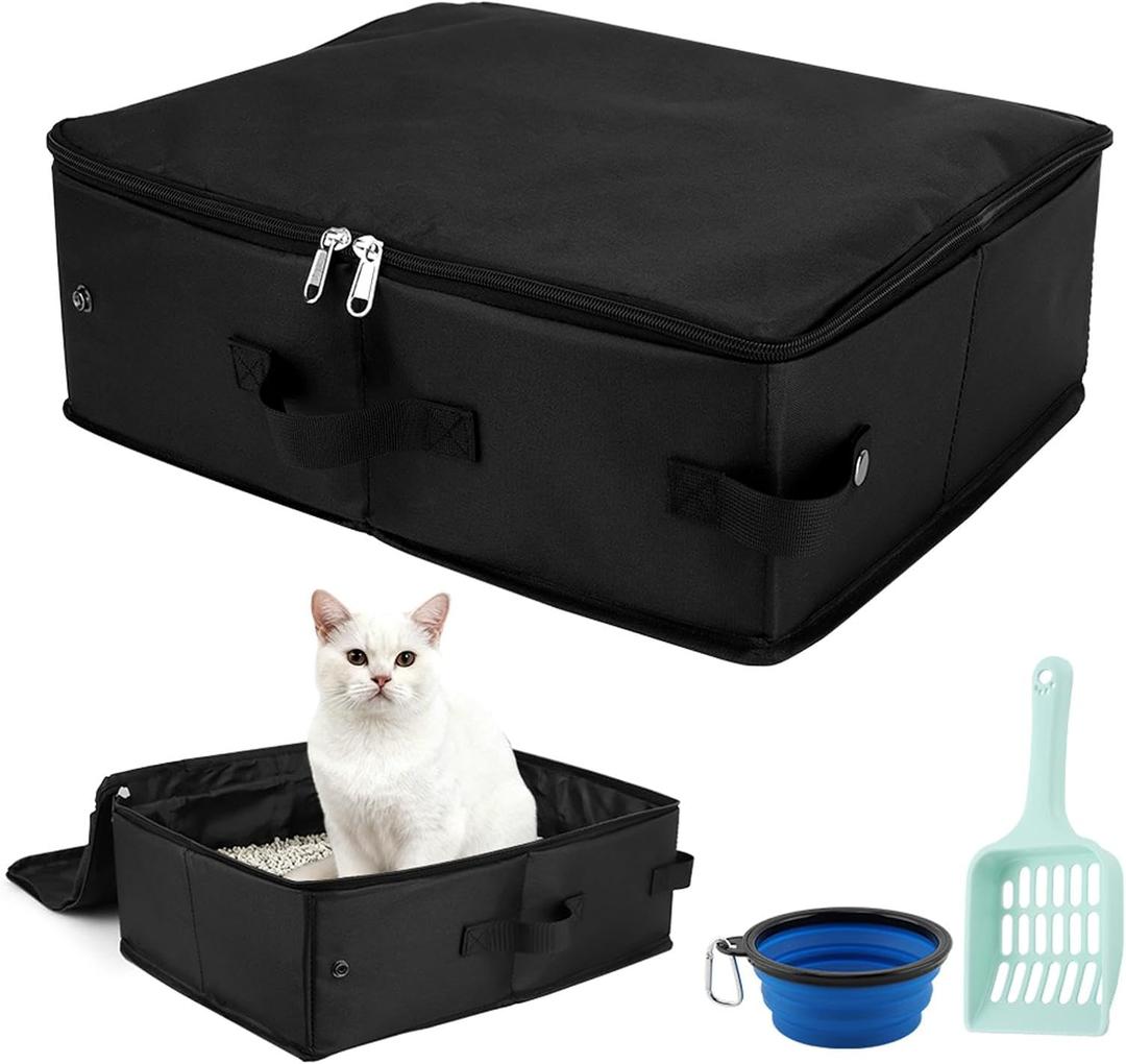 Travel Litter Bo x for Cats, Foldable Portable Cat Litters Box, Leak Proof Ca t Trave l Carrier with Kitty Litter Scoop Bowl, Cat Travel Essentials for Car, Hotel, Airplane and Outdoor Use (Black)