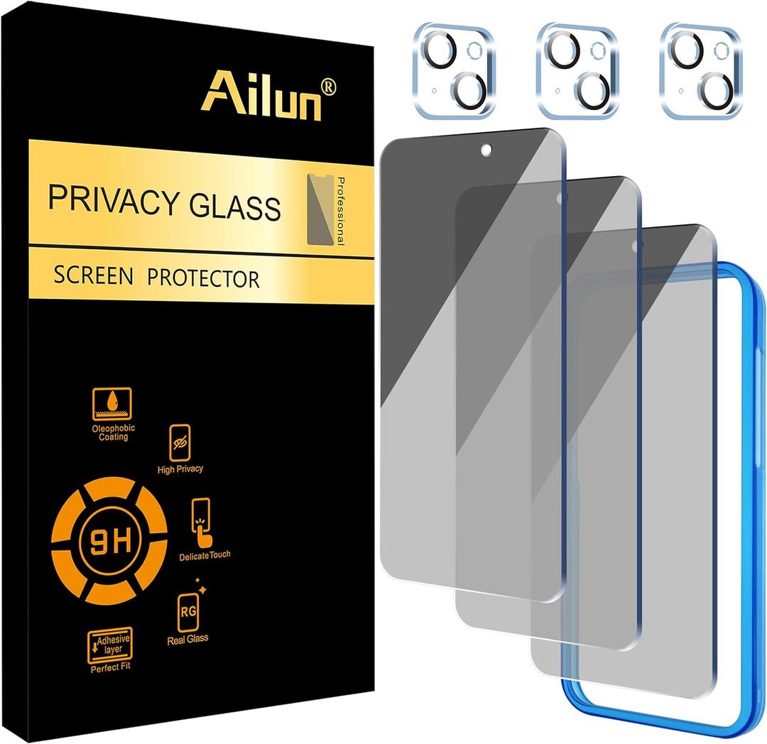 Ailun 3Pack Privacy Screen Protector for iPhone 15 Plus [6.7 inch]+3Pack Camera Lens Protector with installation frame,Dynamic Island Compatible,Anti Spy Private Tempered Glass[9H Hardness]