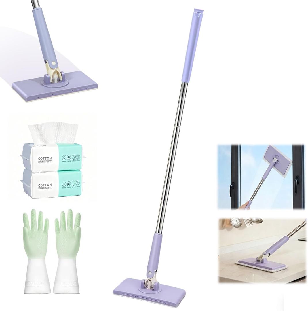 Hands Free Flat Mop One Click, Snap Grip Mini Mop, Cloth Changing Mini Mopa for Dry & Wet Pads, Automatic Gripping with Sweeping & Mopping, Long Handle Dust Mop for Hardwood Tile Small Space (Purple)