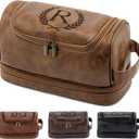 Travel Essentials Accessories Initial Letter Hanging Toiletry Bag for Men, Personalized PU Leather Waterproof Travel Size Toiletries Storage Organizer Shaving Bag for Men, Light Brown R