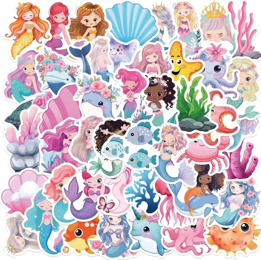 50Pcs Mermaid Sticker, Cute Marine Organism Stickers for Kids Teens Adults, Vinyl Cartoon Pink Animals Decals Kawaii Sticker for Decor Water Bottles Laptops Guitar Scrapbook (Mermaid)
