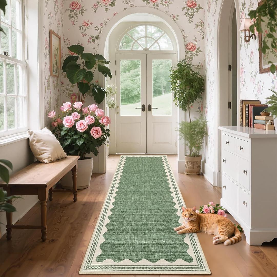 GarveeHome Scalloped 2x6 Runner Rug for Hallway Washable Kitchen Rugs Non Slip Solid Sage Green Modern Soft Low-Pile Indoor Carpet for Entryway Laundry Room Floor Mats