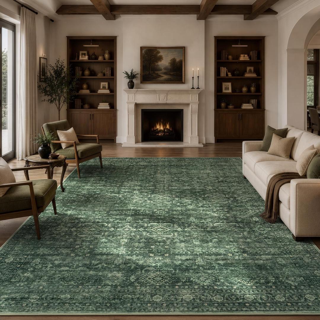 Green Area Rug 8x10 for Living Room Bedroom, Washable Non-Slip Rug
Spill & Stain Resistant; Stays Put During Vacuuming; Machine Washable; Soft Vintage Floral Carpet for Bedroom Dining Room