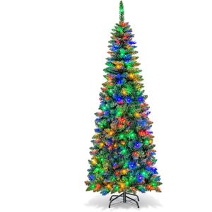 Goplus 6.5FT Prelit Pencil Christmas Tree, Premium Hinged Fir Tree, with 250 LED Lights and Solid Metal Stand, Easy Assemble, Ideal Xmas Decor for Home and Office