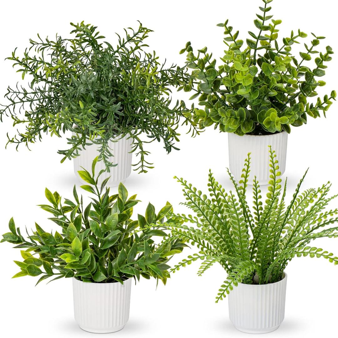 Hollyone 4 Pack Artificial Potted Plants Eucalyptus Rosemary Boston Fern ZZ Plant Fake Plant in Pot Small Faux Plant Greenery Aesthetic Indoor Home Decor Bathroom Bedroom Table Shelf Office