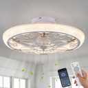 Rustic White Caged Ceiling Fan, Farmhouse Ceiling Fan with Lights Remote Control with Crystal, LED Low Profile Ceiling Light for Bedroom Kitchen Living Room