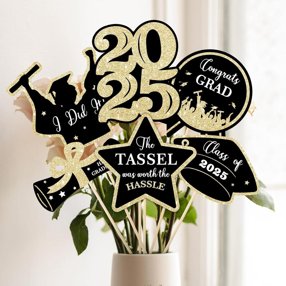 COCHIE Class of 2025 Graduation Party Decorations, Table Centerpieces Sticks for Grad Parties Supplies, Shiny Table Topper Decor for Kindergarten Preschool High School College (Glitter Black and Gold)