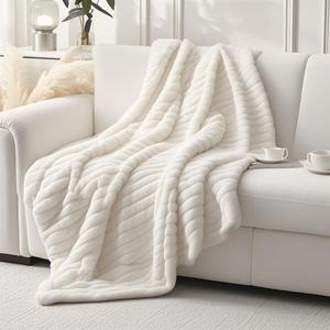 Luxury Faux Fur Throw Blanket, Cozy & Warm Soft Plush Ribbed Design,Gift for Women (Beige, Throw (49" x 63"), Striped)