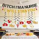 Funny Nurse Nursing Graduation Party Decorations, Glitter Black Gold Banner with Hanging Swirls, Congrats Nurse RN BSN Grad Birthday Party Decor Supplies