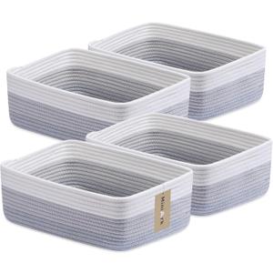 MiniArk Large Shallow Organizing Baskets 15x11x5.1 Inches - Rope Woven Storage Bins for Bathroom, Shelves, Cube Closet, Gradient Grey 4 Packs