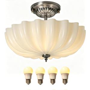 15.75-Inch Brushed Nickel Semi Flush Mount Ceiling Light Milk Glass Lampshade Fixture Mid Century Modern 4-Light (Dimmable 4 Bulb is Included) for Hallway Bedroom Foyer Entryway Kitchen