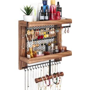 Pinzoveco Hanging Jewelry Organizer Wall Mounted With Wall Jewelry Organizer Holder For Necklaces Bracelet Earrings Ring (Rustic Wood)
