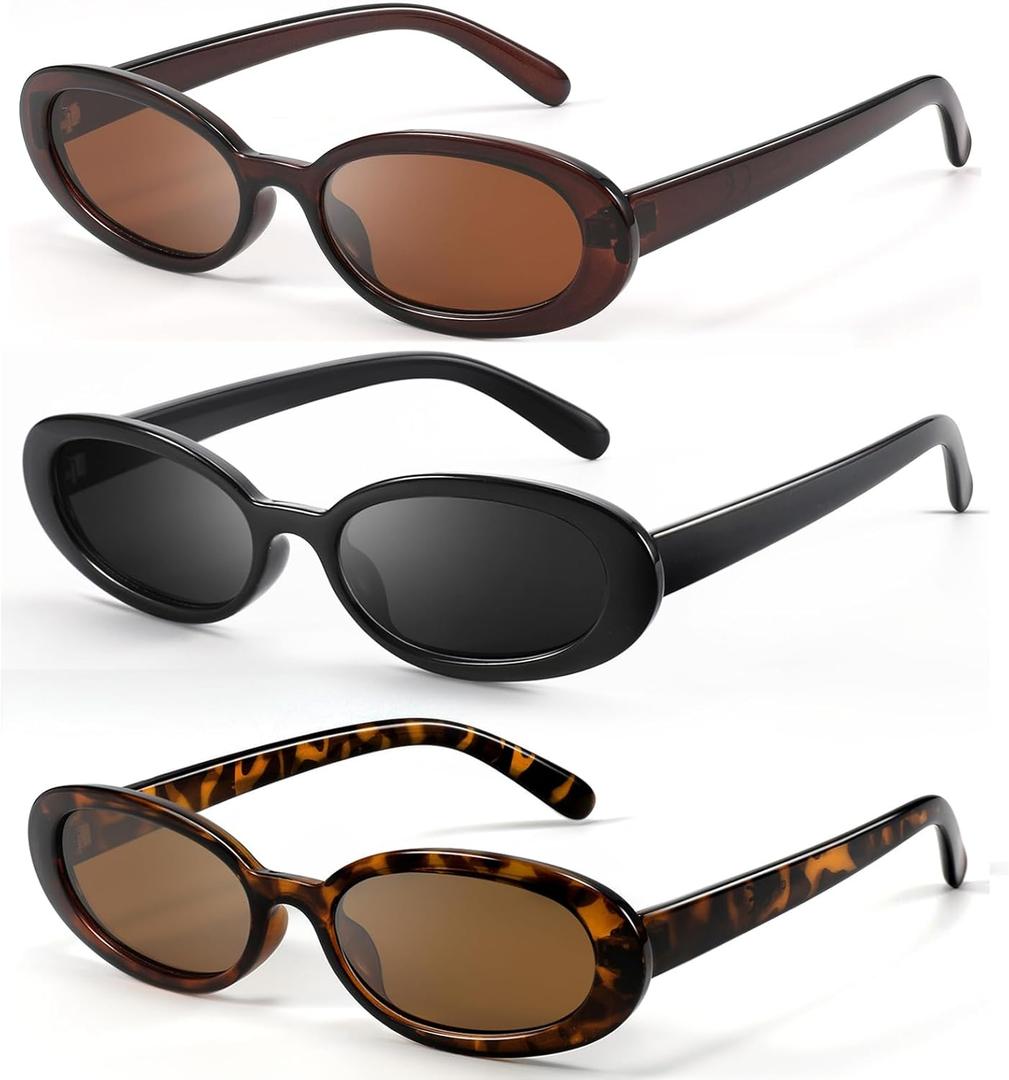 Sunglasses Womens Retro Oval Sunglasses for Women Men Fashion Small Oval Sun Glasses 90s Vintage Driving Shades (A-black+leopard+brown)
