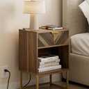 Masupu Nightstand with Charging Station,Modern Night Stand Boho Farmhouse Wood Bedside Table with Storage Drawer Side End Table for Bedroom,Living Room,Office,Walnut Brown with Outlet