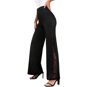 GORGLITTER Women's Lace Bell Pants Bottom Flare Flared Leg Elastic High Waist Casual Office Trousers (Black) S