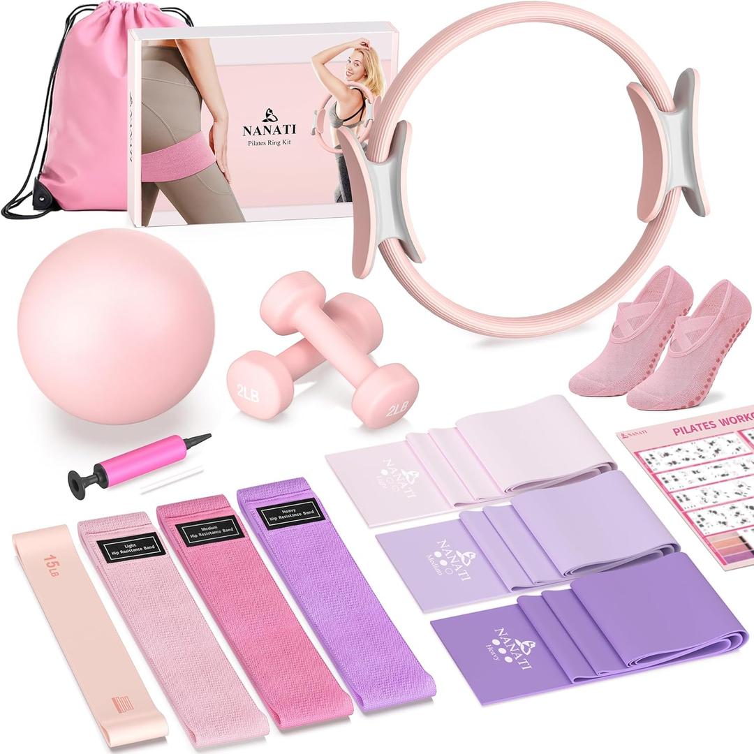 NANATI Pilates Kit, Pilates Essential Kit for Women, Pilates Equipment with 14.5" Pilates Ring and Ball, Resistance Bands,Dumbbells & Grip Socks Accessories, Home Pilates Workout Kit for Starter (Pink)