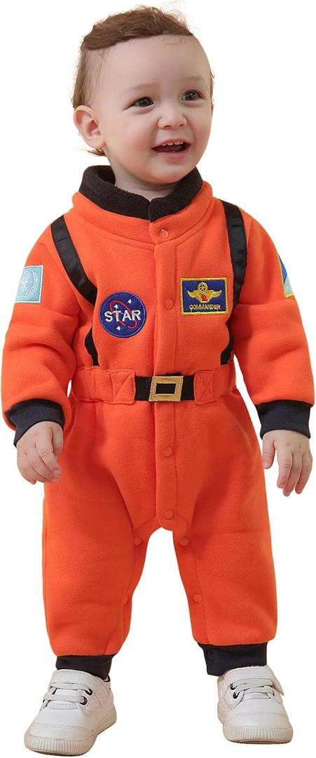 LXKIKMM Baby Toddler Boy Astronaut Costume Space Suit Cosplay Party Jumpsuit Halloween Rompers (12-18 Months, Orange)