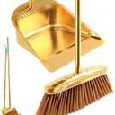 Gold Stainless Steel Broom and Dustpan Set, 2-Piece Long Handle Standing Pan with Comb Teeth, Heavy Duty Windproof Upright Design for Home, Kitchen, Indoor Outdoor Use