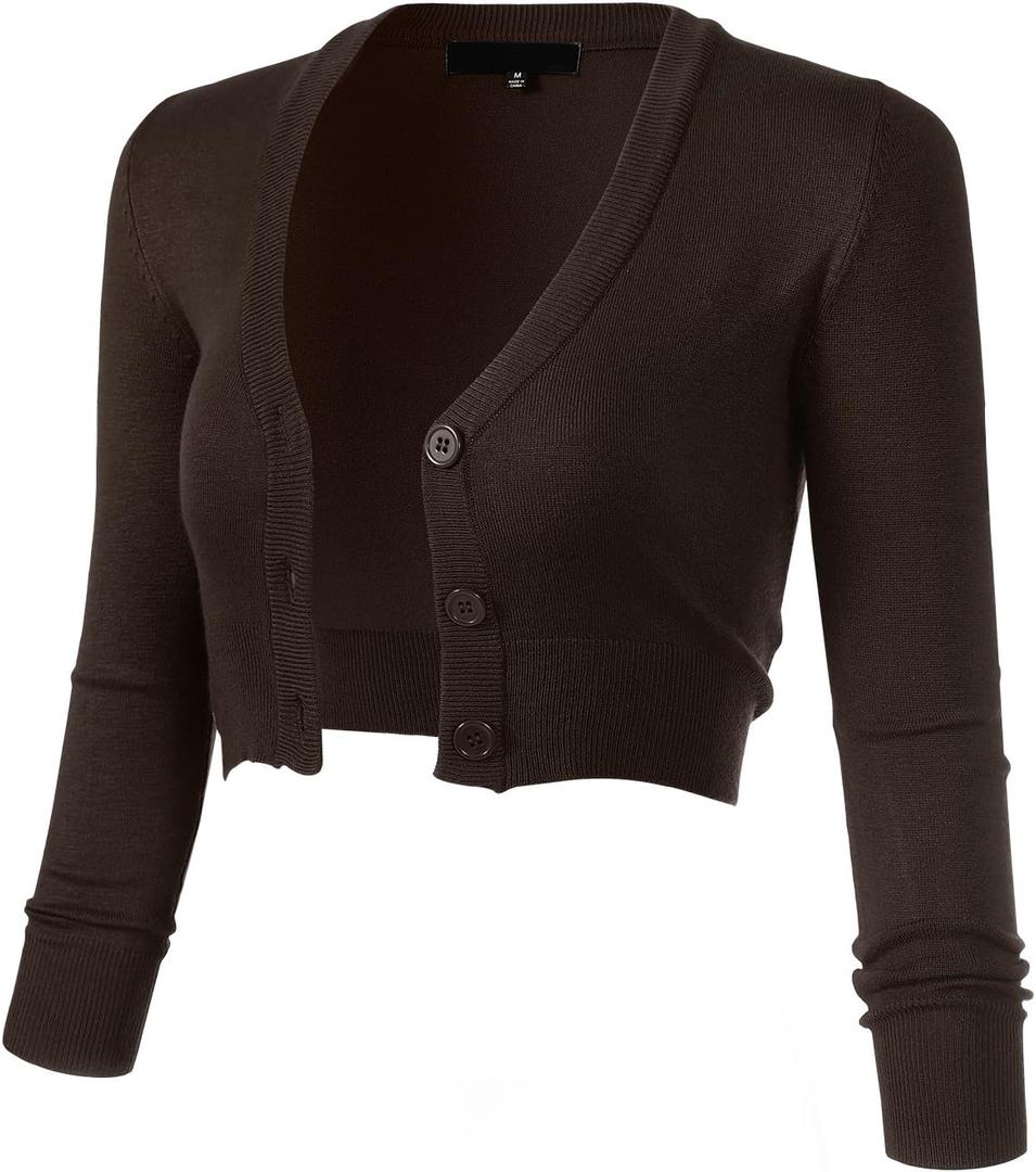  Women's 3/4 Sleeve Button-Down V-Neck Cropped Bolero Shrug Cardigan (M, Coffee)