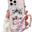 for iPhone 14 Case, [Light Pink Ballet Pattern][Shiny Mirror Case][2-in-1 with Beaded Wrist Strap] Soft TPU Frame, Shockproof and Anti-Shock, Suitable for Women & Girls