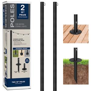 EXCELLO GLOBAL PRODUCTS Bistro String Light Poles - 2 Pack - Extends to 10 Feet - Universal Mounting Options Included