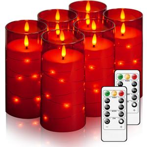 Flickering Flameless Candles with Remote Timer, 6pcs LED Battery Operated Candles with Embedded String Lights Red