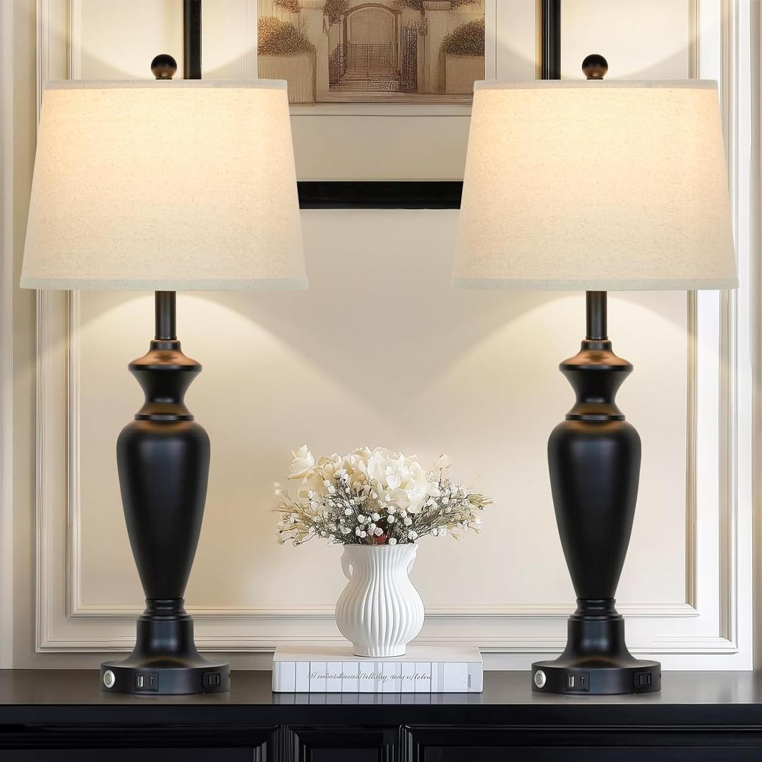 Cinyirong 30" Tall Table Lamps Set of 2, Touch Control Bedside Lamp with USB A+C Ports and AC Outlet, 3-Way Dimmable Modern Metal Nightstand Lamp for Bedroom Living Room, 2 LED Bulbs Included, Black