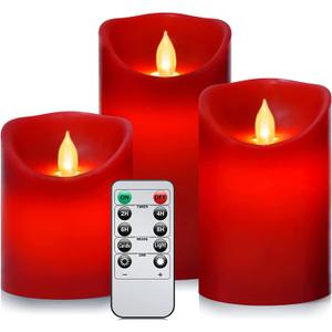 Flameless Battery Operated Flickering Candles:3PACK Red Real Wax Pillar Candle,Electric LED Candle with 10-Key Remote Control and 24 Hours Timer for Home Decoration Holiday Party