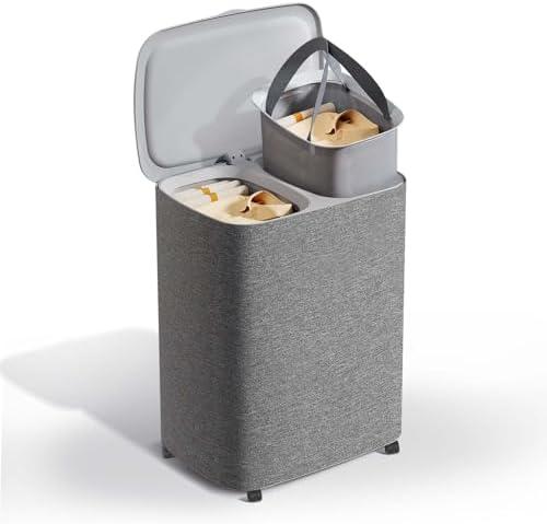 Laundry Baskets (GREY, 90L) Laundry Hamper with Wheels & Lid: Large Washable Dirty Clothes Basket for Bedroom, Divided Laundry Bin for Housewife/Parent, Easter Sunday