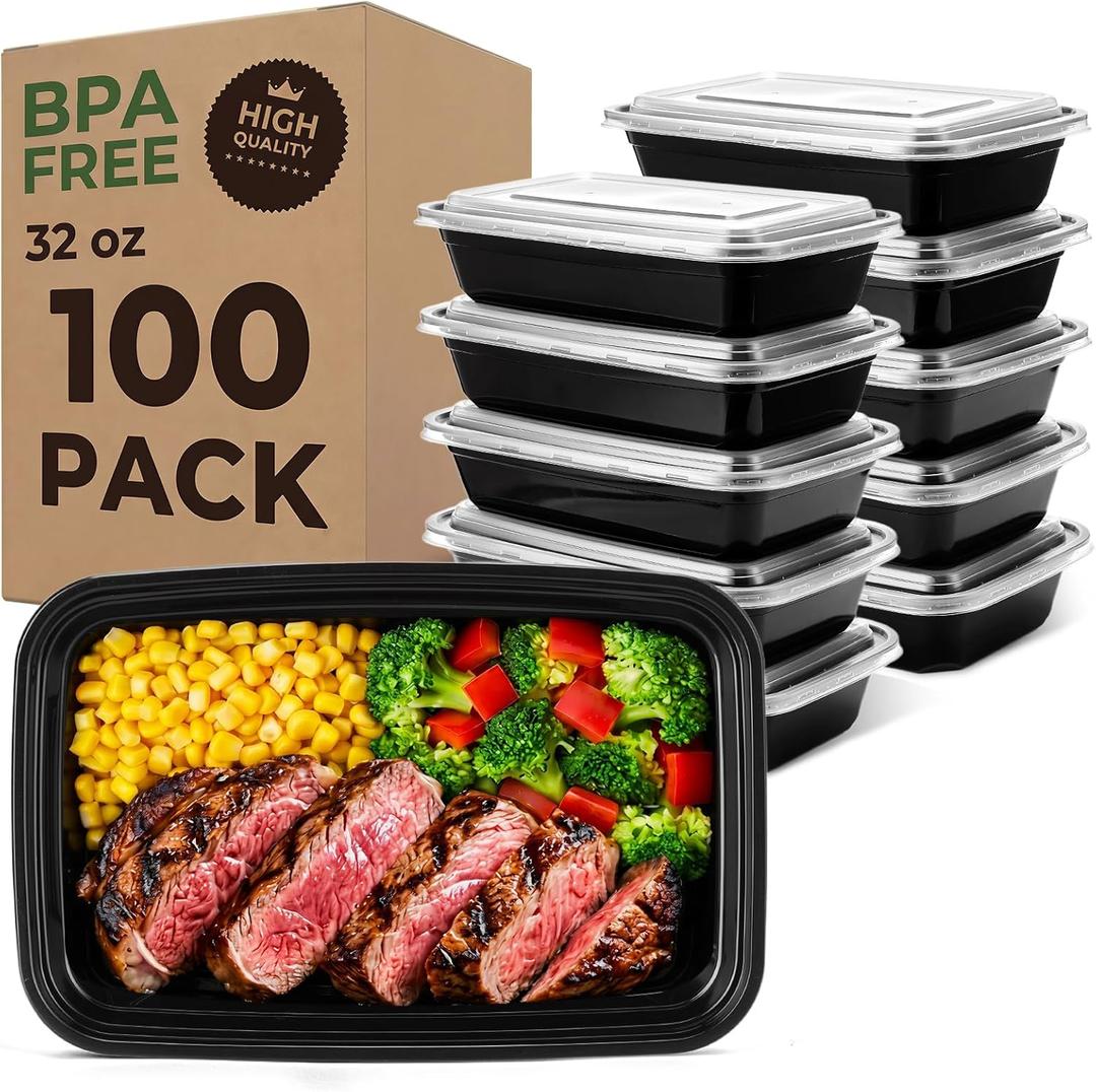 Glotoch Meal Prep Containers 32oz 100 Pack(200 Piece) with Lids, Reusable 1-Compartment Food Storage Containers, Bento Lunch Boxes, Microwave/Freezer/Dishwasher Safe, BPA-Free Takeout Boxes