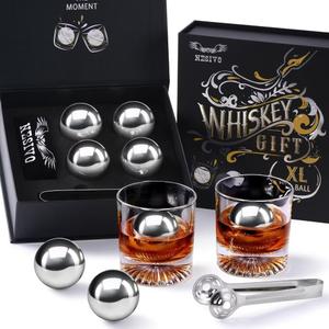 Whiskey Balls Reusable 55mm, Bourbon Gifts for Men, Whiskey Ice Stones with Tongs, for Dad Who Has Everything, Anniversary Birthday Gifts for Boyfriend Grandpa Him Husband from Wife (Sliver - Round Balls)