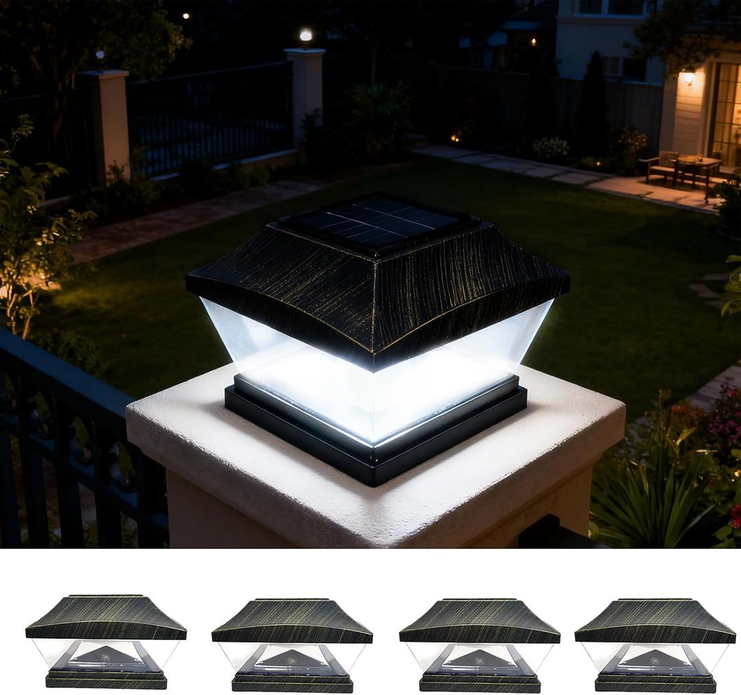 Solar Post Cap Lights Outdoor, 6x6 & 4x4 LED Deck Post Light with Dusk to Dawn Sensor, Bright White Waterproof Solar Pillar Fence Cap for Deck Patio Garden, No Wiring, Brushed Copper, 4 Pack