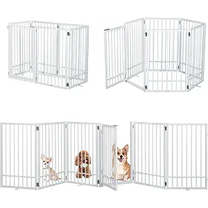 SMONTER Freestanding Dog Gate with Door Walk Through, 120'' Extra Wide Indoor Dog Fence, 31.5'' H 6 Panels Foldable Metal Pet Puppy Gate for Stairs, Hallways, Doorway, White