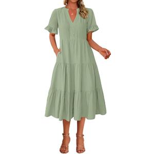 BTFBM Summer Dresses for Women 2025 Vacation V Neck Loose Short Sleeve A Line Tiered Flowy Casual Midi Beach Dress (Grey Green, Small)