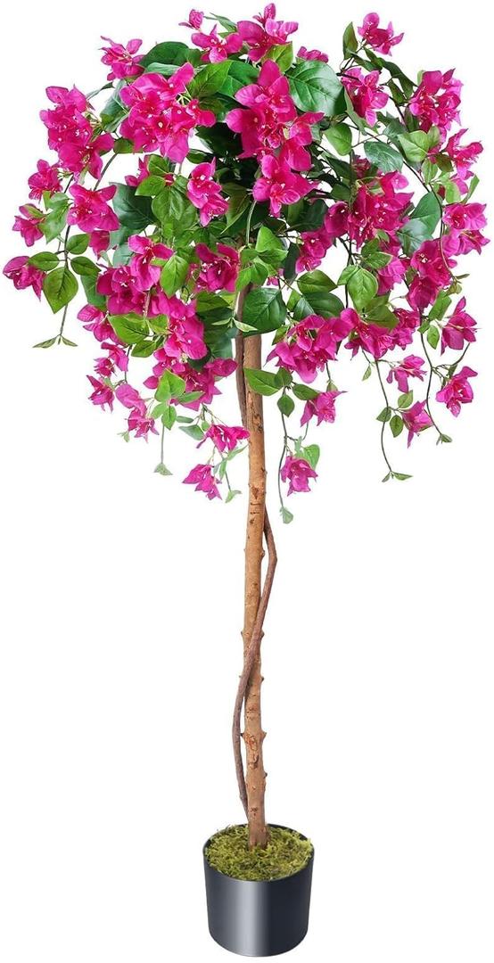HUAESIN Artificial Bougainvillea Tree Faux Outdoor Plants 5FT Tall Fake Plant with Silk Flowers Lifelike Artificial Trees for Outdoors Porch Decor Indoor Office Garden Wedding Home (Pink)