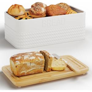 Bread Box for Kitchen Countertop,Metal Bread Storage Bin with Bamboo Cutting Board Lid, Includes Bread Knife, Fits Sourdough & Buns, Stylish Organize (White)