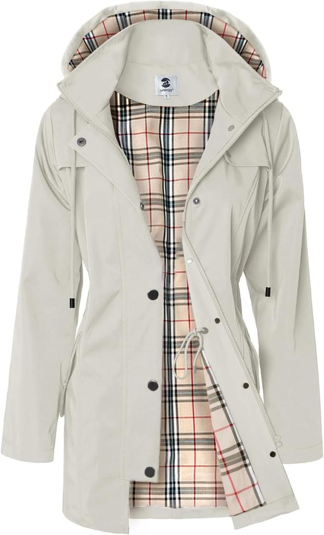 SaphiRose Women's Waterproof Rain Jacket Long Lined Raincoat Outdoor Windbreaker with Hood (Beige, Medium)