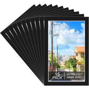 Prudiut 15 Pack 11x17 Black Picture Mats, Frame Mattes for 9x15 Pictures Photo Frame Mat Core Bevel Cut Mat Board Show Kit for Photos, Prints, Artworks