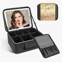 JUSRON Travel Makeup Bag With LED Mirror,Train Case with Light up Mirror, Portable Makeup Artist Organizer Bag with Adjustable Dividers, Makeup Brush Holder Storage(Black, Large)