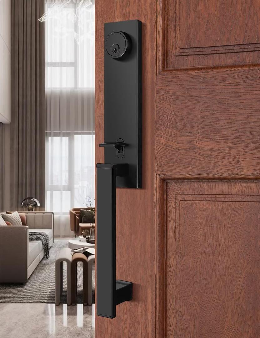 2 Pack Full Escutcheon HandleSet Front Door Entry Handle and Deadbolt Lock Set Slim Square Single Cylinder Deadbolt and Lever Heavy Duty  Matte Black Finish (Keyed Handleset-Modern Style)