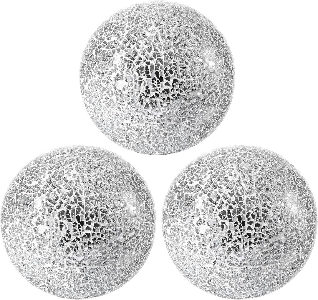 Decorative Mosaic Glass Orbs, 4 Inch Diameter, Set of 3 Sphere Balls, Rose Gold (Silver)