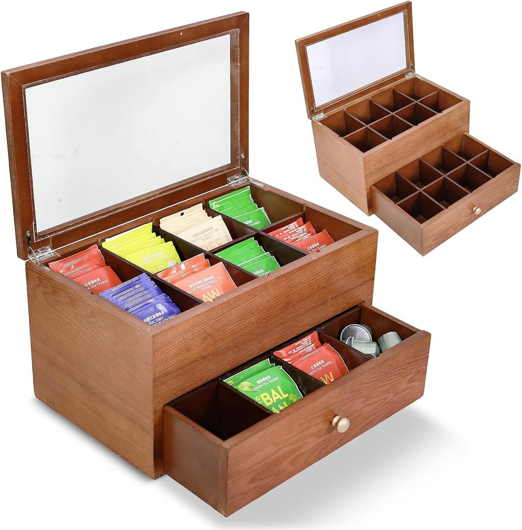 Wooden Tea Bag Organizer with Drawer Tea Storage Box with 16 Compartments, Tea Caddy and Teabag Holder for Countertop or Kitchen Tea Station Display Rustic Wood Tea Organizer