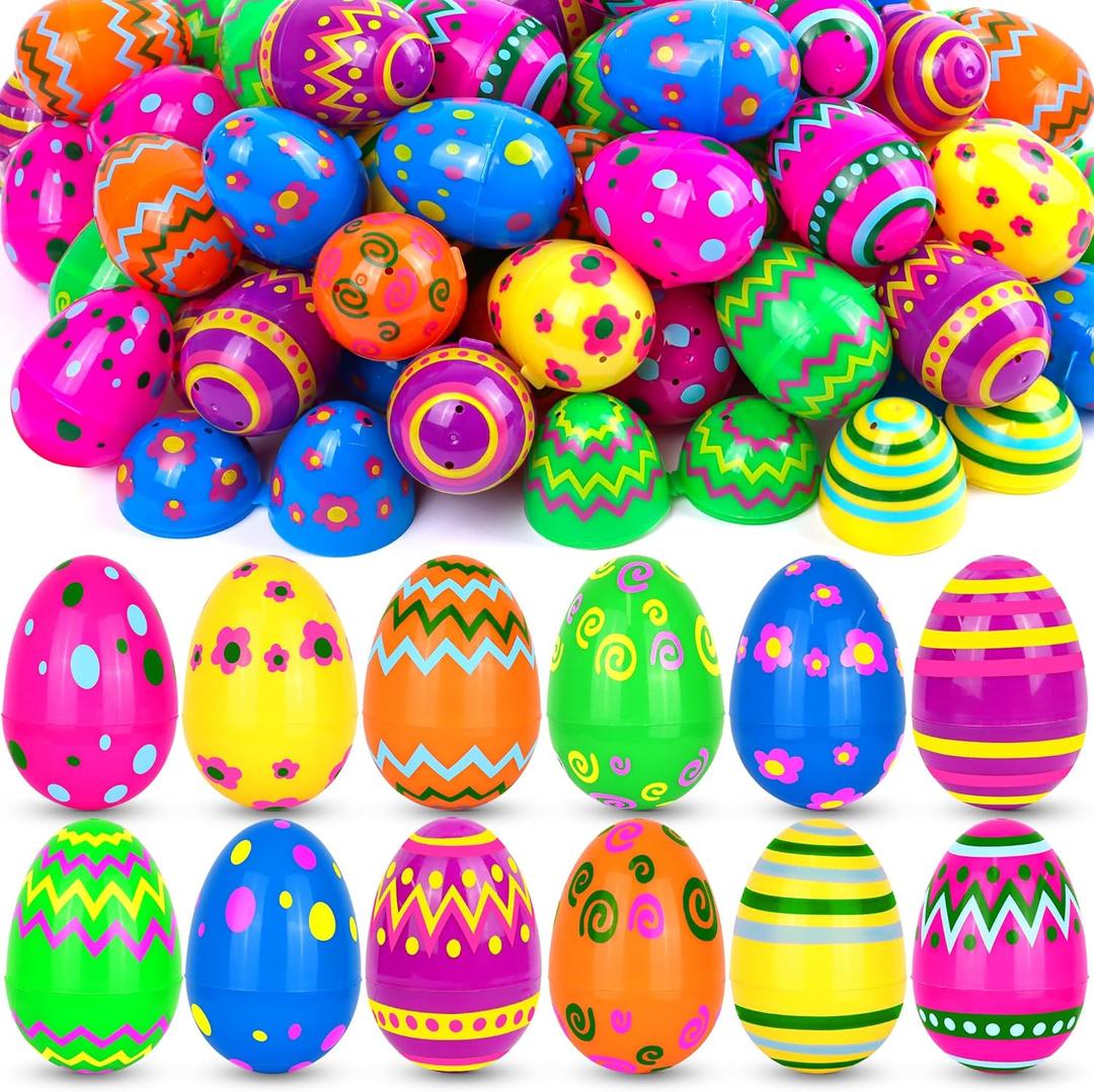 60 Pack Plastic Printed Easter Eggs, 3.15'' Tall Fillable Empty Eggs Bulks for Easter Eggs Hunt, Easter Basket Stuffers Fillers, Classroom Prize Supplies, Filling Treats and Party Favors