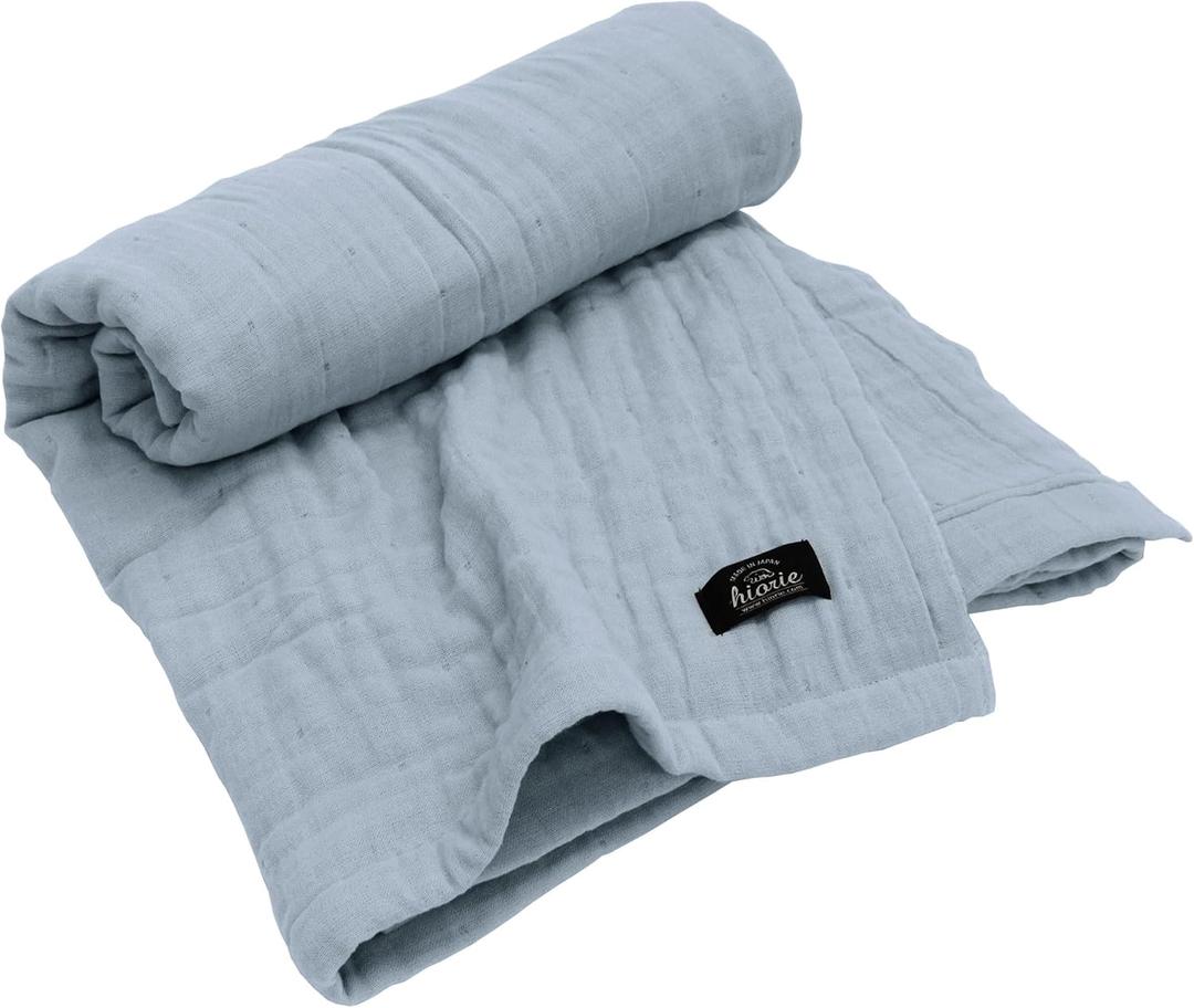 HIORIE Japanese Gauze Blanket, 8-Layered Twin Size, 100% Cotton, Lightweight Soft Breathable All Season, Machine Washable, Smoke Blue, 69x79inches