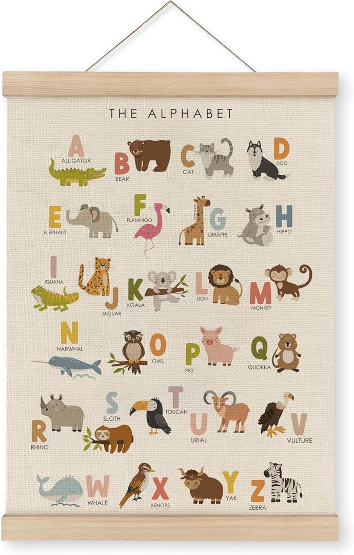 MAQIKA ABC Alphabet Nursery Poster Framed with Wood Hanger,Alphabet Banner, Alphabet Poster for Toddlers, Kids Abc Animal Hanging Wall Decor,Nursery Canvas Wall Art Paints for Nursery Kids 12x16 Inch